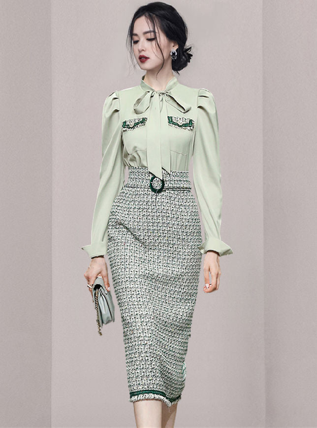 CM-SF100619 Women Elegant Seoul Style Tie Collar Blouse With Tweed Slim Long Skirt - Set