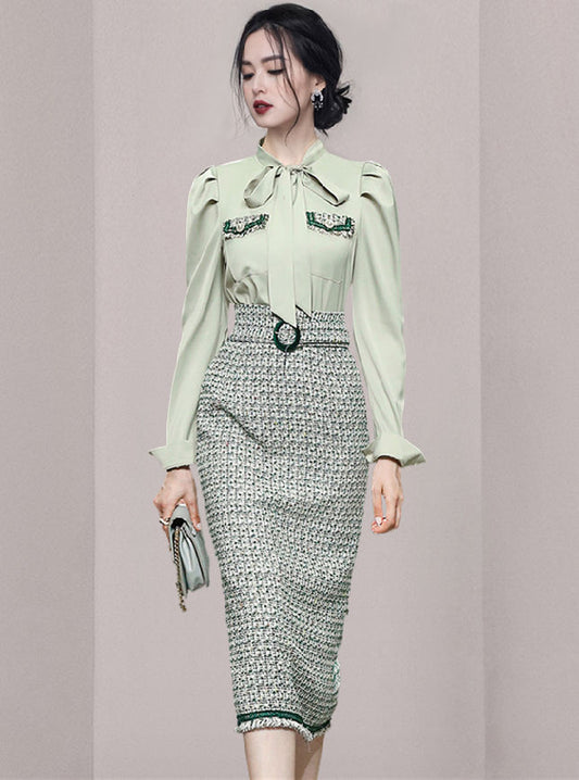 CM-SF100619 Women Elegant Seoul Style Tie Collar Blouse With Tweed Slim Long Skirt - Set