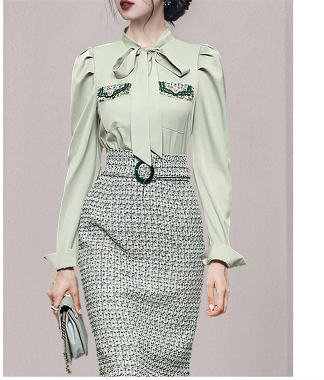 CM-SF100619 Women Elegant Seoul Style Tie Collar Blouse With Tweed Slim Long Skirt - Set