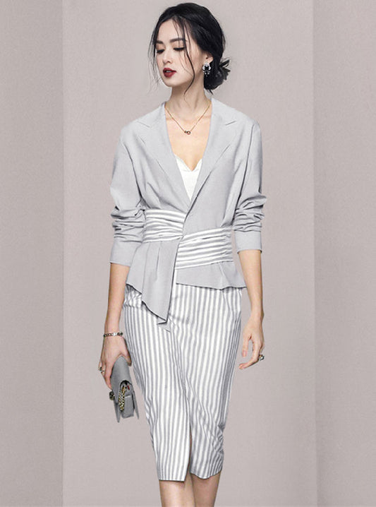 CM-SF100620 Women Elegant Seoul Style Tailored Collar Jacket With Stripes Slim Skirt - Set