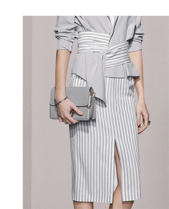 CM-SF100620 Women Elegant Seoul Style Tailored Collar Jacket With Stripes Slim Skirt - Set