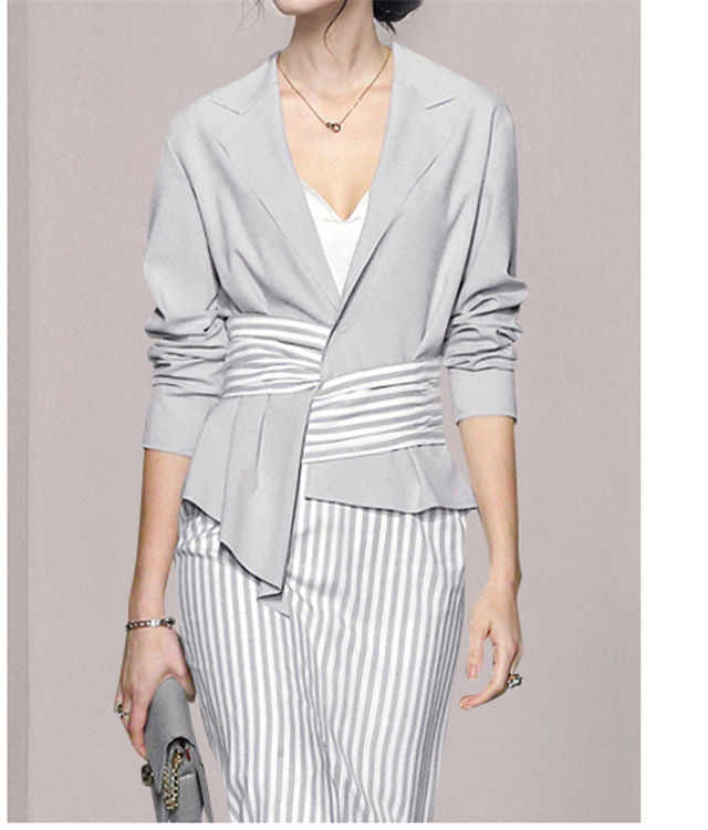 CM-SF100620 Women Elegant Seoul Style Tailored Collar Jacket With Stripes Slim Skirt - Set