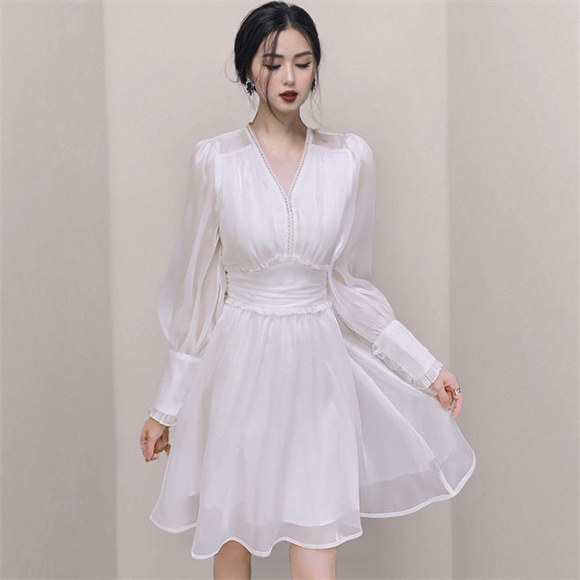 CM-DF101015 Women Elegant Seoul Style V-Neck Fitted Waist Puff Sleeve Fluffy Dress