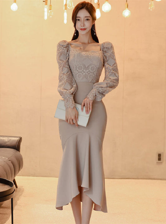 CM-SF101016 Women Elegant Seoul Style Lace Blouse With Fishtail Slim Long Skirt - Set