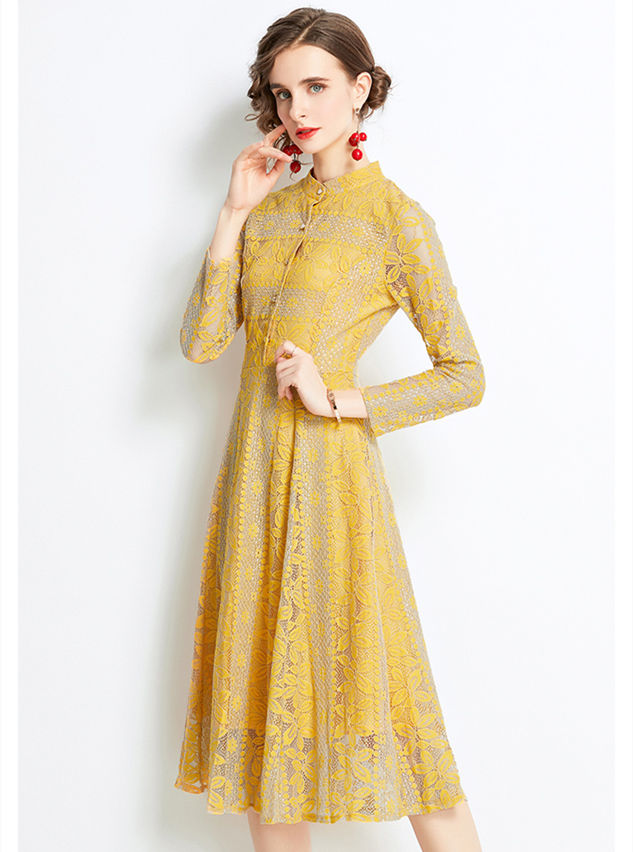 CM-DF101304 Women Charming Europeam Style High Waist Lace Floral A-Line Dress