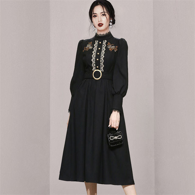 CM-DF101402 Women Retro Seoul Style High Waist Lace Splicing Puff Sleeve Long Dress