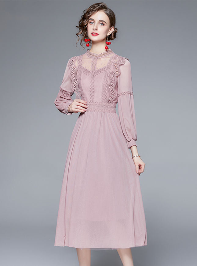 CM-DF101805 Women Elegant European Style Lace Splicing High Waist Chiffon Long Dress