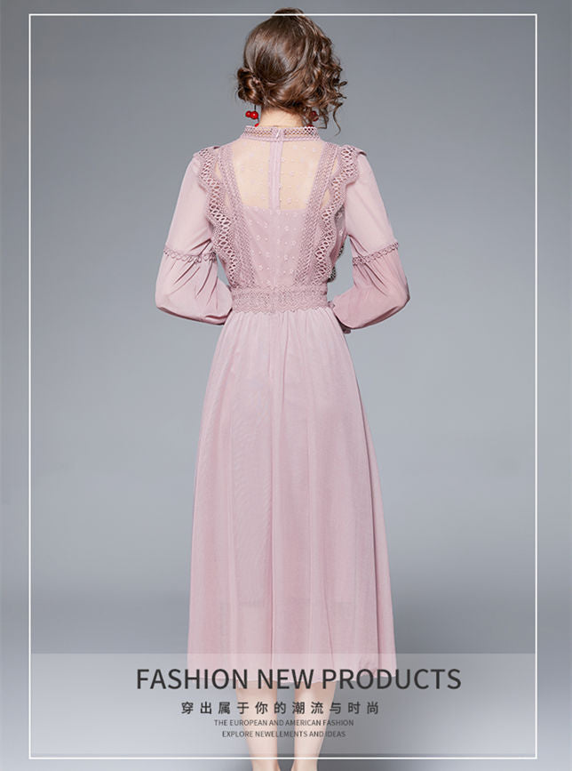 CM-DF101805 Women Elegant European Style Lace Splicing High Waist Chiffon Long Dress