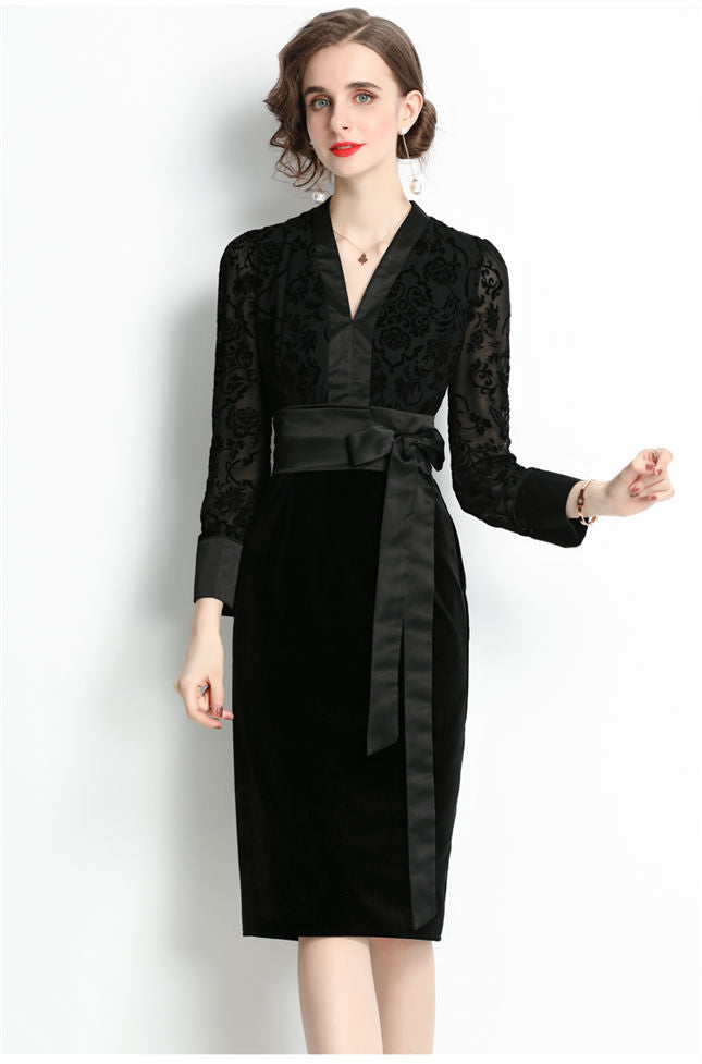 CM-DF102109 Women Elegant European Style V-Neck Tie Bowknot Waist Lace Sleeve Slim Dress