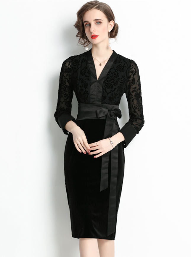CM-DF102109 Women Elegant European Style V-Neck Tie Bowknot Waist Lace Sleeve Slim Dress