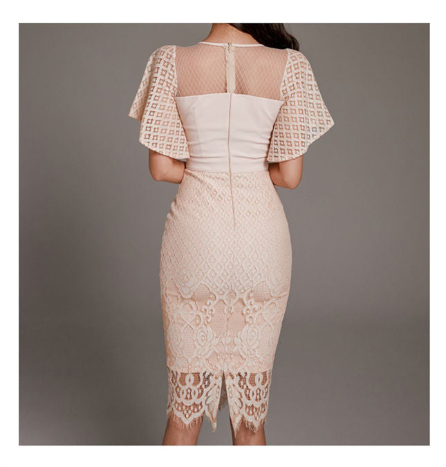 CM-DF102210 Women Charming Seoul Style Fitted Waist Lace Short Sleeve Slim Dress