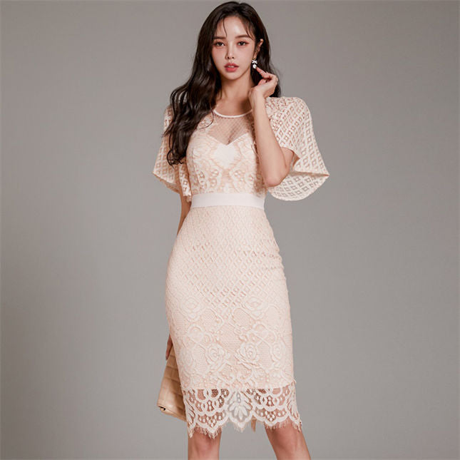 CM-DF102210 Women Charming Seoul Style Fitted Waist Lace Short Sleeve Slim Dress