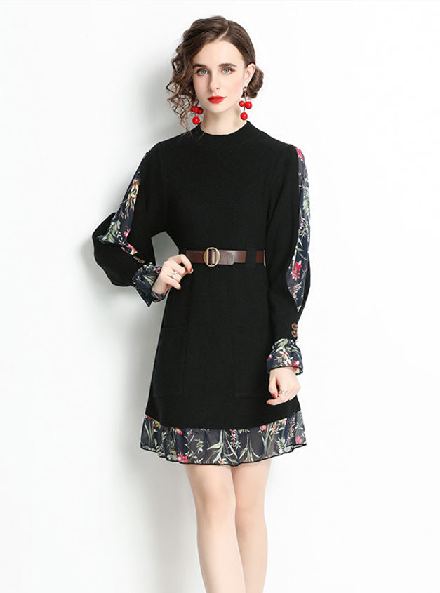 CM-DF102301 Women Casual European Style Floral Chiffon Sleeve Knitting Dress (Available in 2 colors)