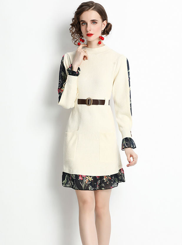CM-DF102301 Women Casual European Style Floral Chiffon Sleeve Knitting Dress (Available in 2 colors)