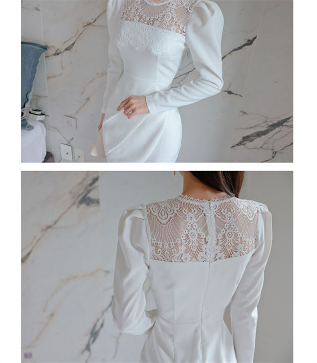 CM-DF102414 Women Elegant Seoul Style Lace Collar Puff Sleeve Pleated Dress - White