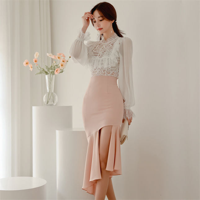 CM-SF102805 Women Elegant Seoul Style Lace Flouncing Blouse With Fishtail Slim Skirt - Set
