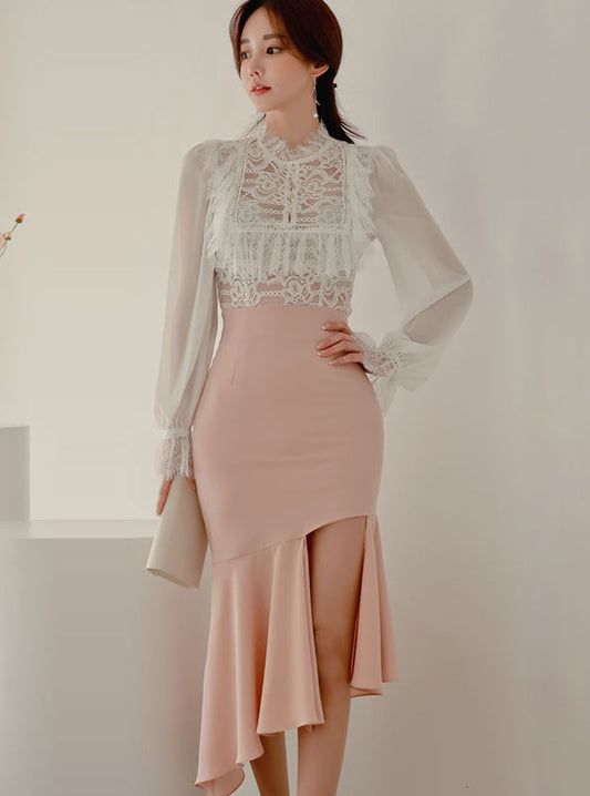 CM-SF102805 Women Elegant Seoul Style Lace Flouncing Blouse With Fishtail Slim Skirt - Set