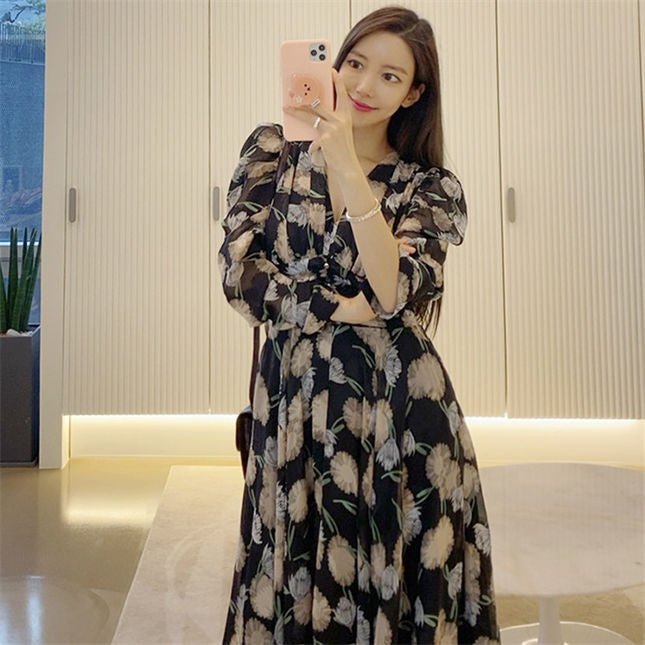 CM-DF102814 Women Charming Seoul Style V-Neck High Waist Floral Maxi Dress