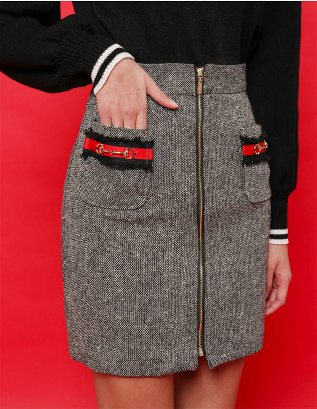 CM-SF103102 Women Elegant Seoul Style Tailored Collar Wool Jacket With Zipper Skirt - Set