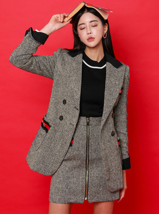 CM-SF103102 Women Elegant Seoul Style Tailored Collar Wool Jacket With Zipper Skirt - Set