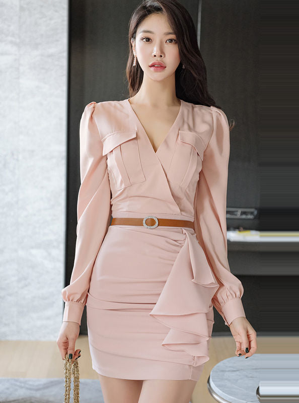 CM-DF110602 Women Elegant Seoul Style V-Neck Long Sleeve Flouncing Slim Dress