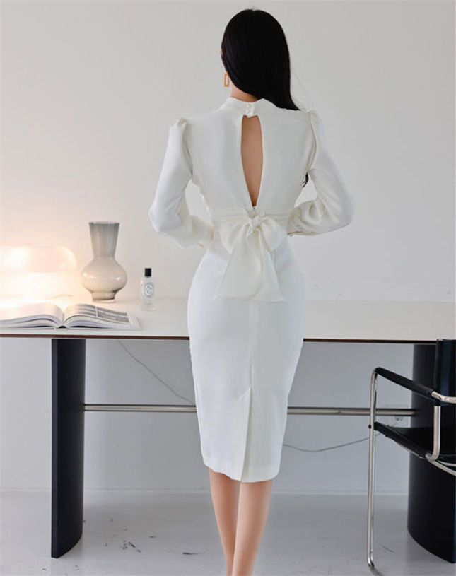 CM-DF110603 Women Elegant Seoul Style Fitted Waist Bowknot Backless Bodycon Dress