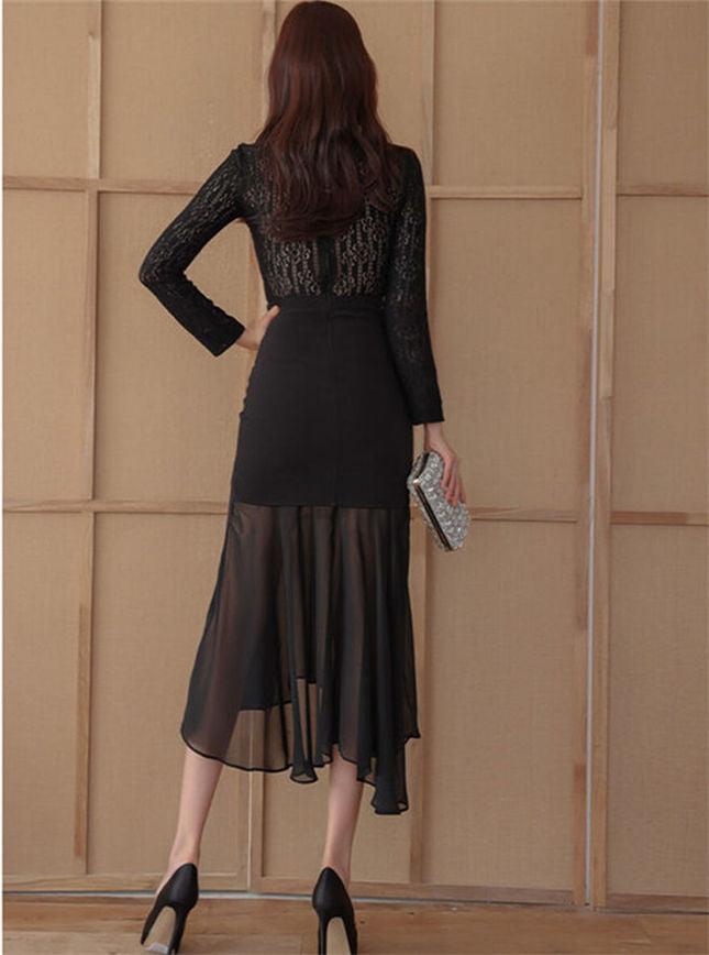 CM-DF110607 Women Retro Seoul Style Lace High Waist Splicing Fishtail Slim Dress