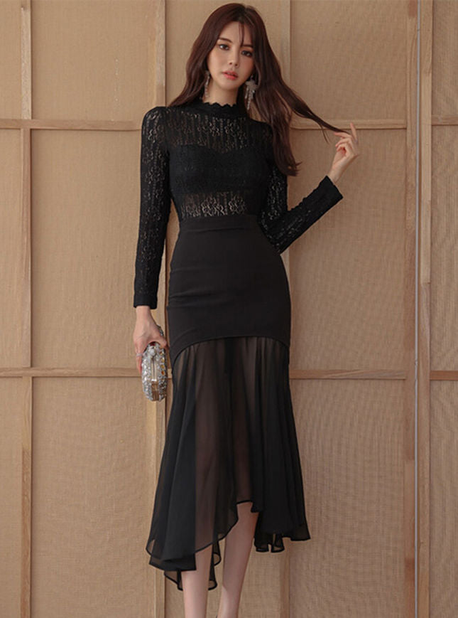 CM-DF110607 Women Retro Seoul Style Lace High Waist Splicing Fishtail Slim Dress