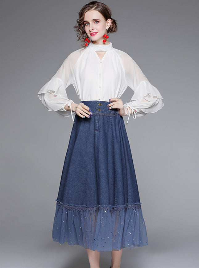 CM-SF111108 Women Elegant European Style Puff Sleeve Blouse With Gauze Fishtail Denim Skirt - Set