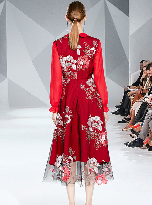 CM-DF111110 Women Elegant European Style Tailored Collar Embroidery Gauze Long Dress
