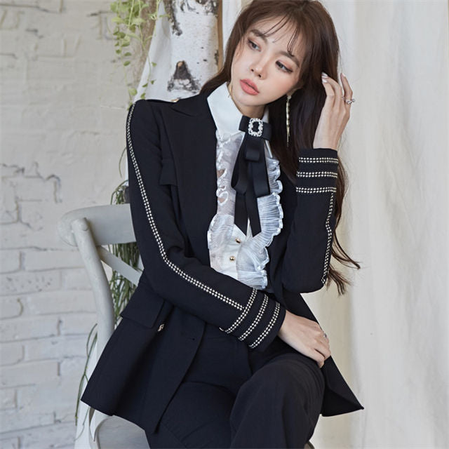 CM-SF111308 Women Elegant Seoul Style Double-Breasted Tailored Collar Slim Long Suits