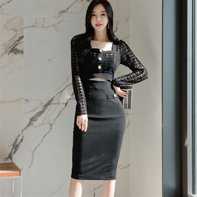 CM-DF111703 Women Casual Seoul Style Hollow Out Square Collar Lace Bodycon Dress