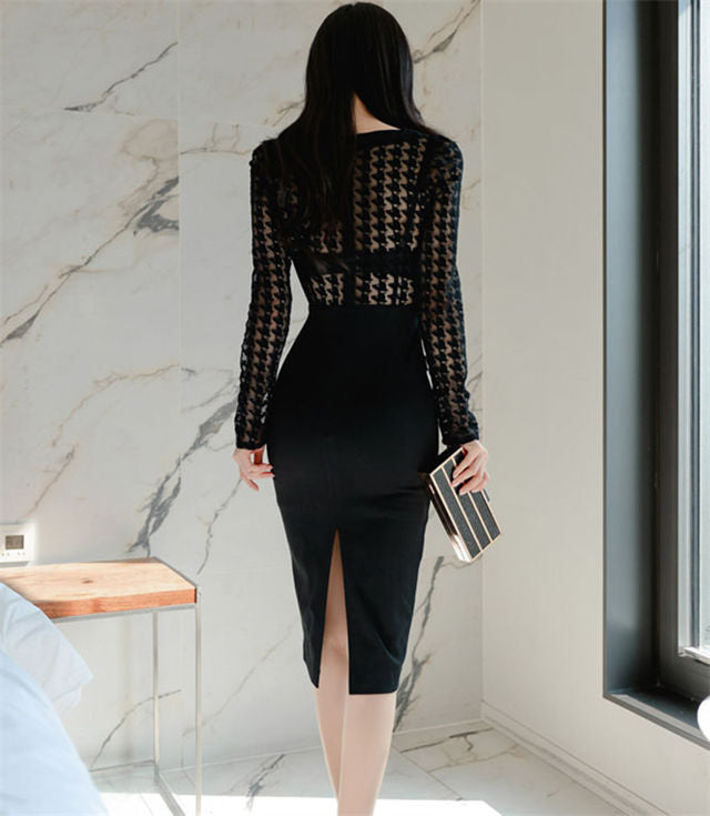 CM-DF111703 Women Casual Seoul Style Hollow Out Square Collar Lace Bodycon Dress