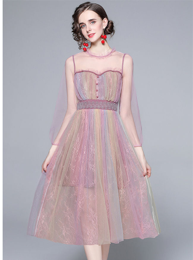 CM-DF111810 Women Elegant European Style Lace High Waist Rainbow Gauze Fluffy Dress