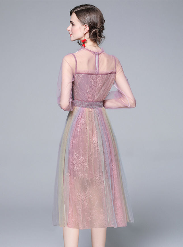 CM-DF111810 Women Elegant European Style Lace High Waist Rainbow Gauze Fluffy Dress