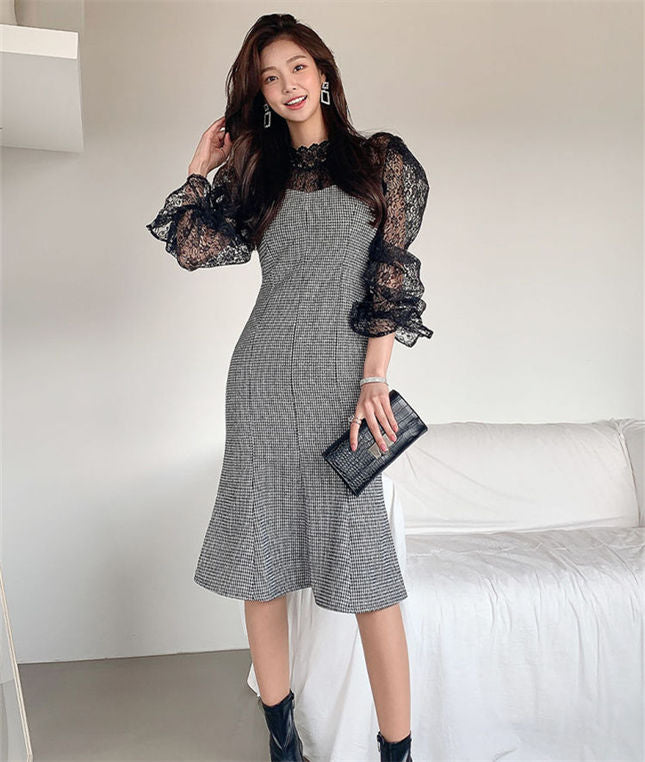 CM-SF112004 Women Elegant Seoul Style Lace Blouse With Houndstooth Straps Dress - Set