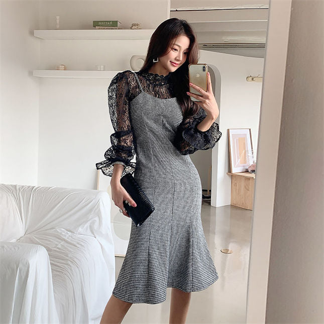 CM-SF112004 Women Elegant Seoul Style Lace Blouse With Houndstooth Straps Dress - Set