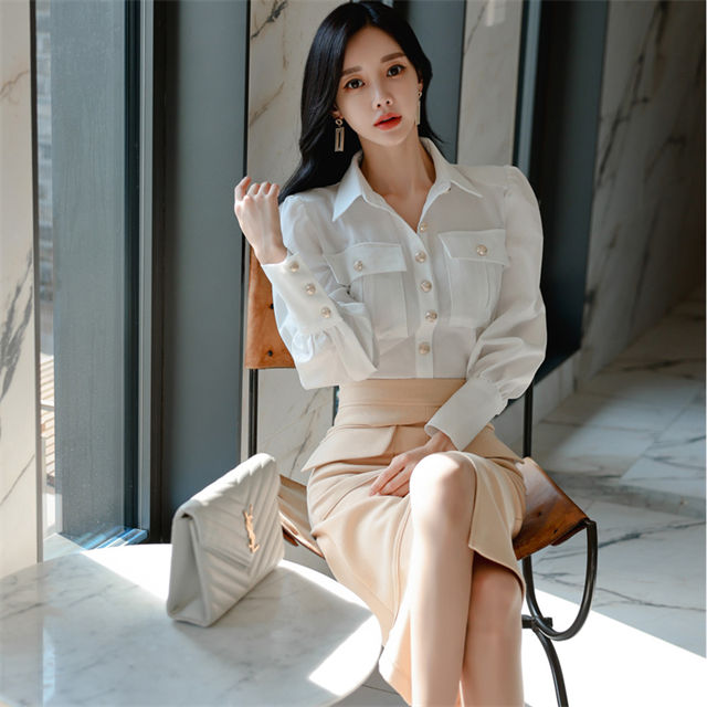 CM-SF112303 Women Elegant Seoul Style Shirt Collar Blouse With Split Midi Skirt - Set