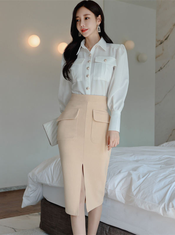 CM-SF112303 Women Elegant Seoul Style Shirt Collar Blouse With Split Midi Skirt - Set