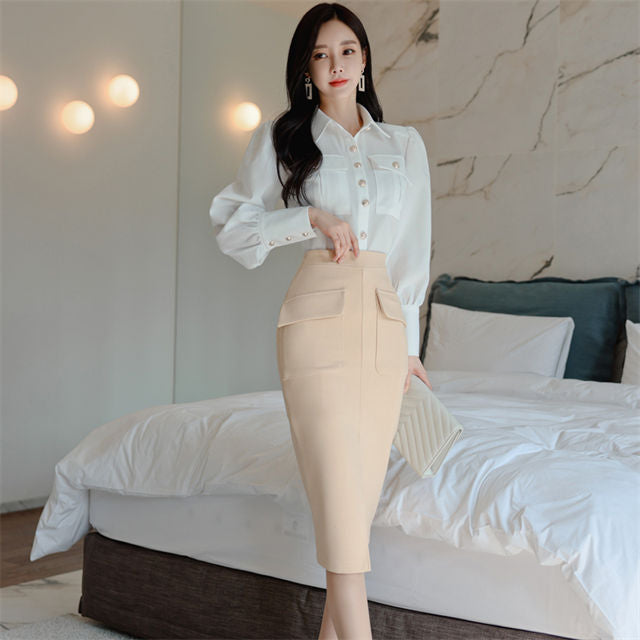 CM-SF112303 Women Elegant Seoul Style Shirt Collar Blouse With Split Midi Skirt - Set