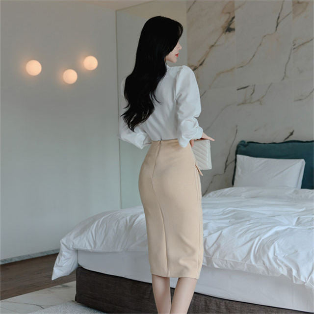 CM-SF112303 Women Elegant Seoul Style Shirt Collar Blouse With Split Midi Skirt - Set