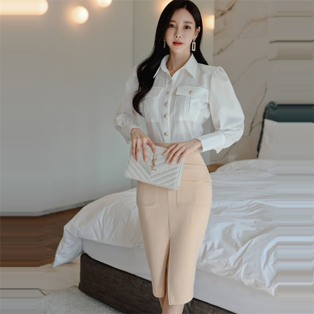 CM-SF112303 Women Elegant Seoul Style Shirt Collar Blouse With Split Midi Skirt - Set