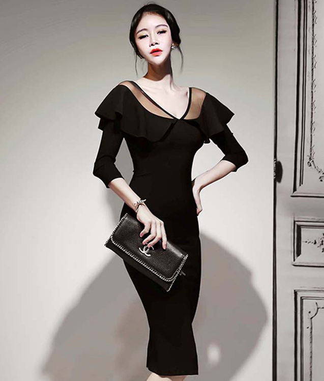 CM-DF112308 Women Retro Seoul Style Flouncing Gauze V-Neck High Waist Slim Dress