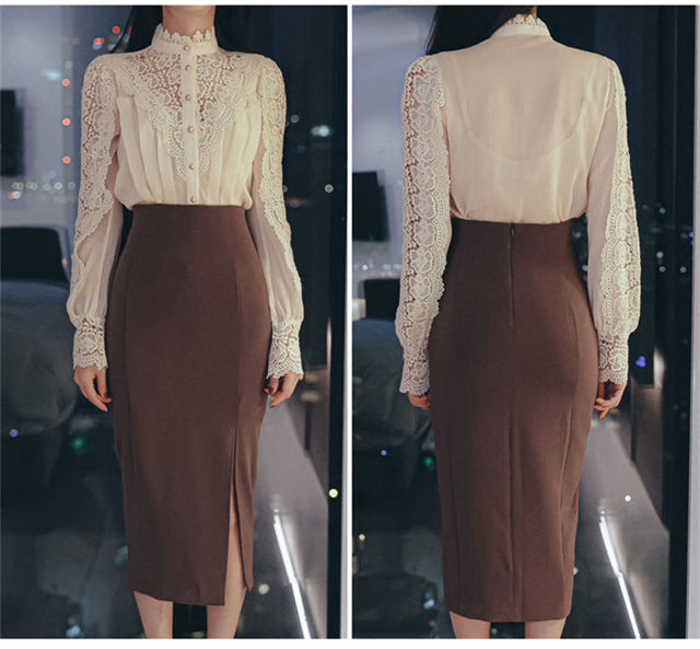 CM-SF112909 Women Elegant Seoul Style Floral Lace Blouse With Split Skinny Long Skirt - Set