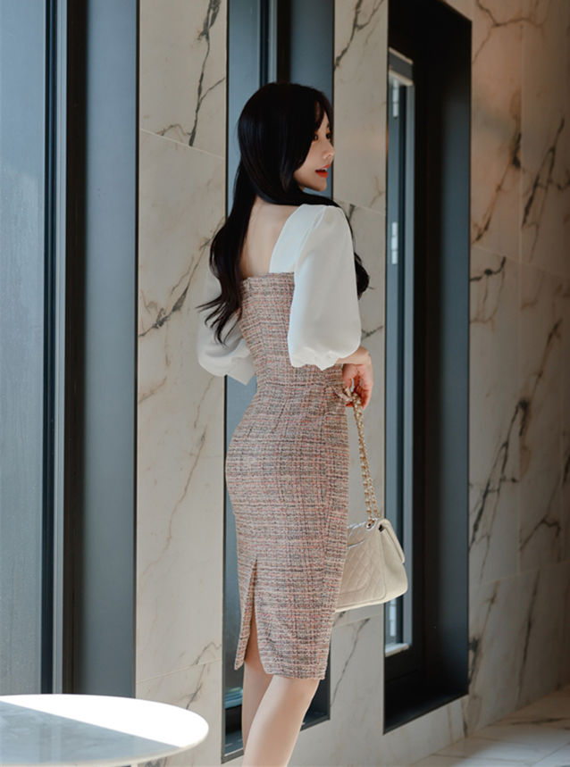 CM-DF113003 Women Elegant Seoul Style Square Collar Plaids Puff Sleeve Bodycon Dress