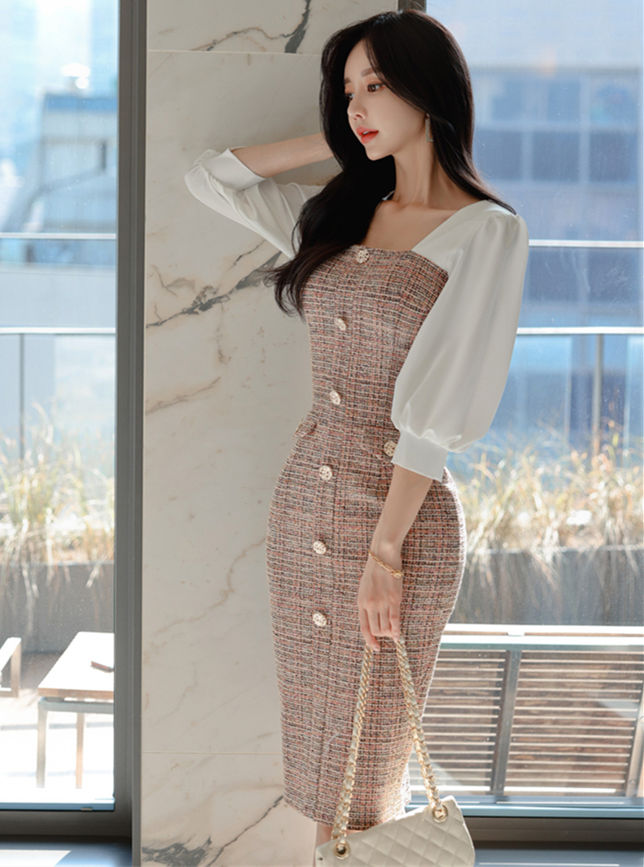 CM-DF113003 Women Elegant Seoul Style Square Collar Plaids Puff Sleeve Bodycon Dress