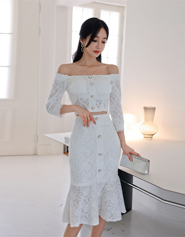 CM-SF120106 Women Charming Seoul Style Boat Neck Hollow Out Fishtail Dress Set