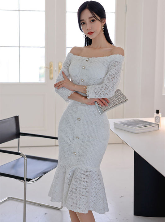 CM-SF120106 Women Charming Seoul Style Boat Neck Hollow Out Fishtail Dress Set