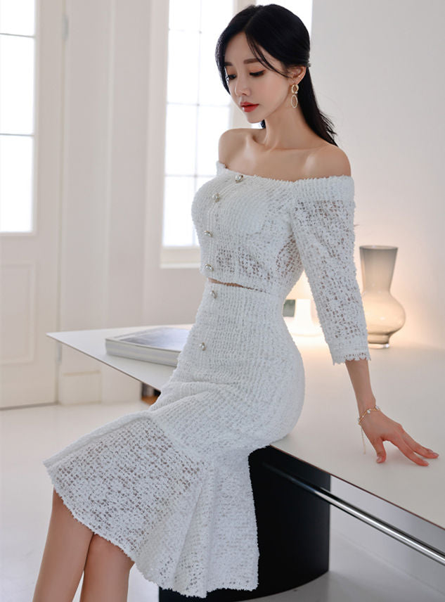 CM-SF120106 Women Charming Seoul Style Boat Neck Hollow Out Fishtail Dress Set