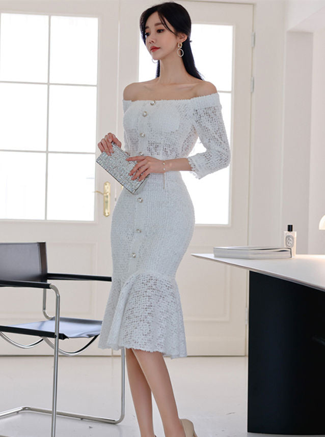 CM-SF120106 Women Charming Seoul Style Boat Neck Hollow Out Fishtail Dress Set